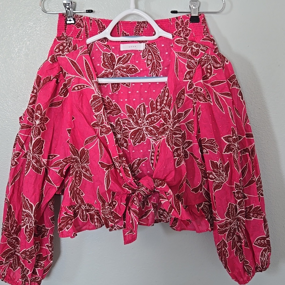 Lush | NWT Bright Pink Cotton Tie Front Top And Mini Skirt Set Size Medium - Picture 2 of 16